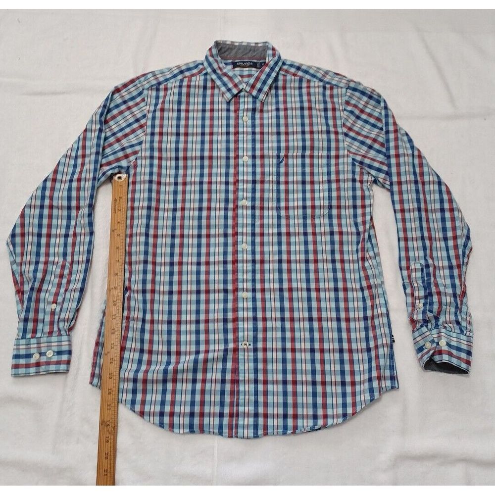 Nautica Mens Plaid Long Sleeve Button Down Shirt Blue Red White Size M Cotton